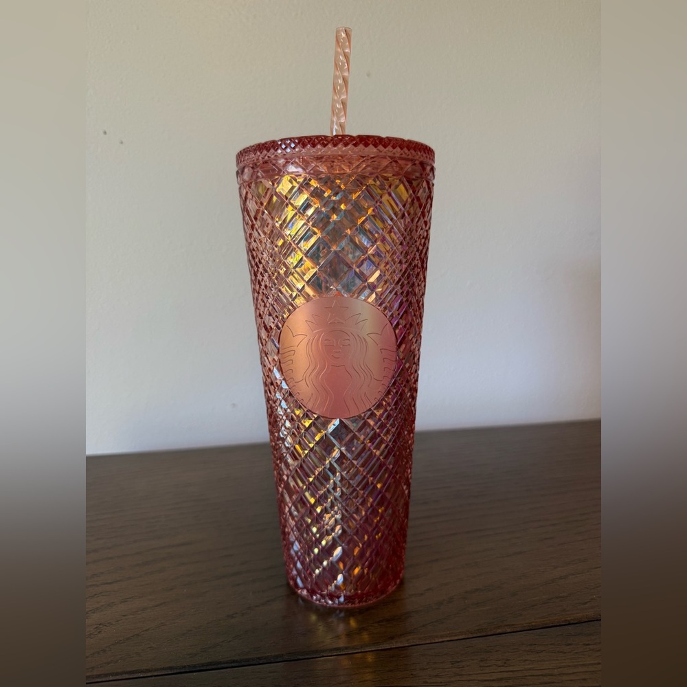 Starbucks Iridescent Rose Pink Textured Cold Cup with Straw